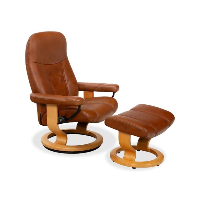 Brown Cognac Leather Consul Reclining Armchair with Footstool by Stressless For Sale - Image 4 of 17