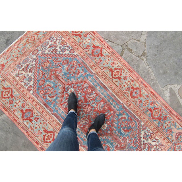 1930s Vintage Medallion Floral Rug Brick Red Blue Hand Knotted Wool Pile Rug - 4’ X 6’6” For Sale In Los Angeles - Image 6 of 10