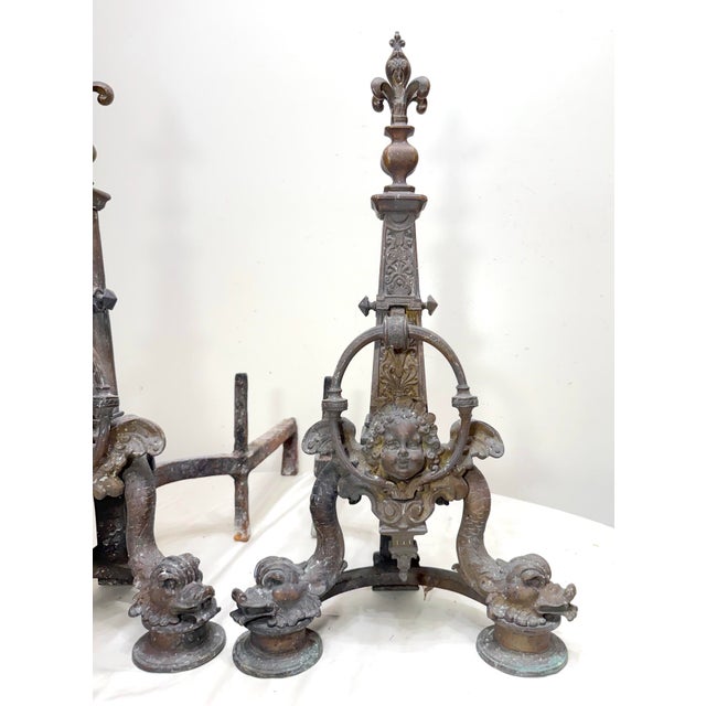 Large Pair of Antique Ornate Victorian Bronze Dolphin Cherub Fireplace Andirons For Sale - Image 4 of 14