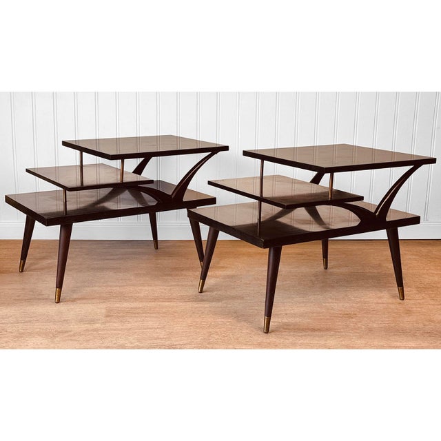 - Original Pair of 1950's Atomic 3-Tier End Tables - Attractive Mahogany Veneer with Red to Black Sunburst Finish -...