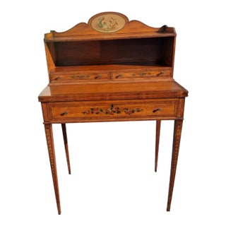 1940s Petite Mahogany Ornate Painted Secretary Bureau With Flip Leather Top For Sale