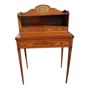 1940s Petite Mahogany Ornate Painted Secretary Bureau With Flip Leather Top