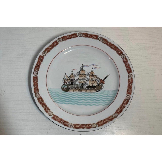 Chinese Set of 4, 1940s Srednick Collection Chinese Export Porcelain Ship Hand Painted Macau For Sale - Image 3 of 5