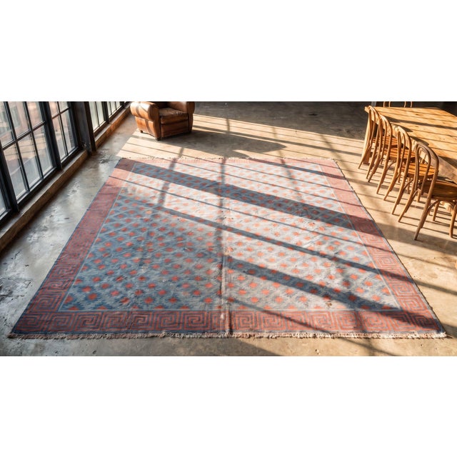 Textile Astonishing Wave Fret Border With Red Diamond Design Square Indian Cotton Dhurrie Rug For Sale - Image 7 of 9