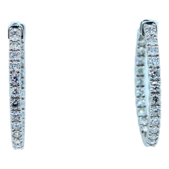 3 Carat Diamond Hoop 14 Karat White Gold Classic Medium Four Carat Earrings, A Pair For Sale