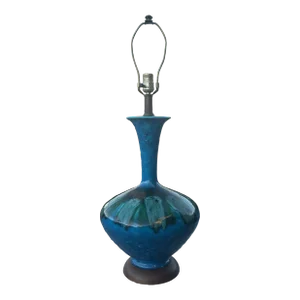 Mid Century Modern Crackle Drip Glaze Turquoise, Green, and Blue Pottery Lamp