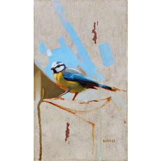 Bird 1 by Ryan Morse | Oil on Antiqued Panel Oil painting of a blue and yellow bird on a neutral background. For Sale