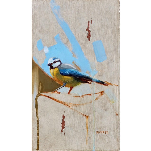 Bird 1 by Ryan Morse | Oil on Antiqued Panel Oil painting of a blue and yellow bird on a neutral background. For Sale