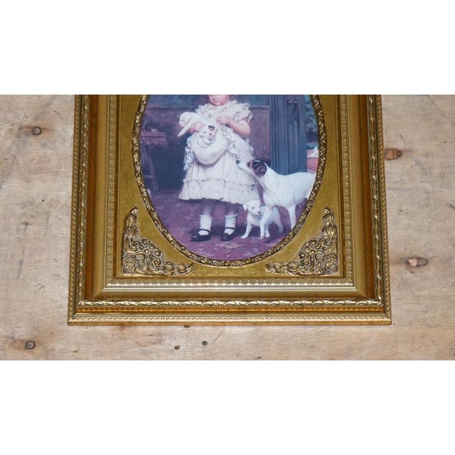Vintage Victorian Style Girl with Dog and Puppies Print in Gilt Frame For Sale - Image 3 of 10