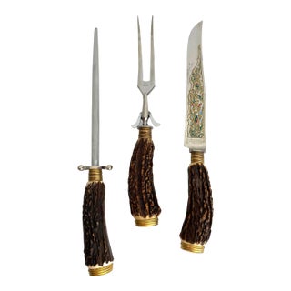 1950s Anton Wingen Jr. Stag Horn Solingen Germany Rostfrei Cutlery Set- 3 Pieces For Sale