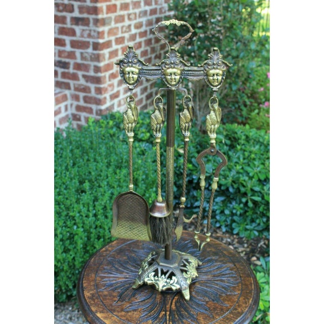 Antique English Brass Gothic Fireplace Tool Set Hearth 5 Pieces