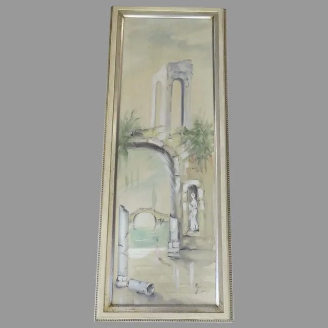Light Yellow Mid 20th Century Watercolor "Solitude" by Gina Rudolf Lesch Fine Art Mid-Century Hollywood Regency Framed Architectural Ruins For Sale - Image 8 of 8