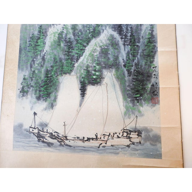 Mid-Century Modern Early 20th Century Chinese Watercolor Ships and Mountains Seascape Watercolor Painting For Sale - Image 3 of 4