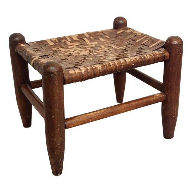 Vintage Mid-Century Hand Woven Wood Foot Stool, Ottoman For Sale