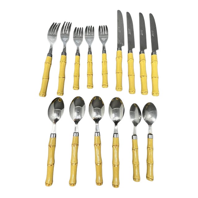 Vintage Cambridge Stainless Steel Flatware Bamboo Look Plastic Handles - Set of 15 For Sale