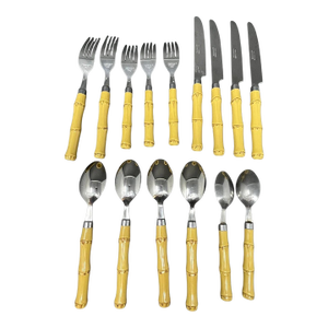 Vintage Cambridge Stainless Steel Flatware Bamboo Look Plastic Handles - Set of 15