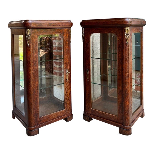Pair Antique French Glass Vitrine Display Cabinets Burl Mahogany Mirror C1900 For Sale