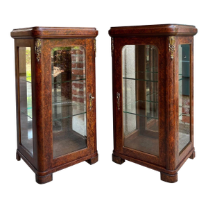 Pair Antique French Glass Vitrine Display Cabinets Burl Mahogany Mirror C1900