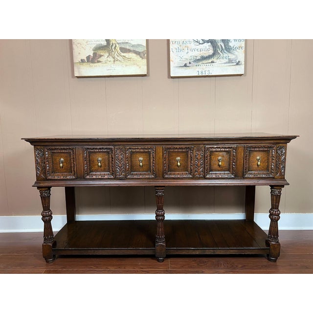 English Antique English Dresser Base Sideboard Potboard Jacobean Carved Oak C1890 For Sale - Image 3 of 18