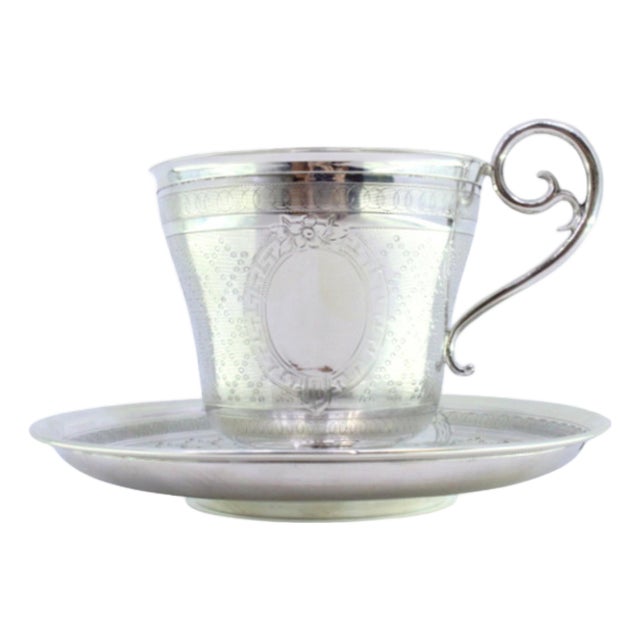 Cup and Saucer in Guilloche Silver For Sale
