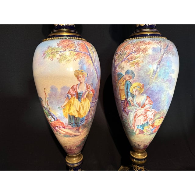 19th C Sevres Louis XVI Blue Gilt Bronze Porcelain Vases – Pair For Sale - Image 10 of 18