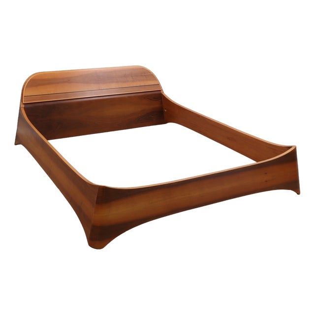 Italian Curved Walnut Bed Frame with Storage Headboard, 1970s For Sale