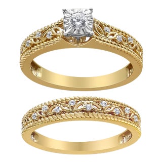 14K Yellow Gold Plated .925 Sterling Silver 1/5 Cttw Diamond Art Deco Style Engagement Ring Bridal Set - Ring Size 7 For Sale