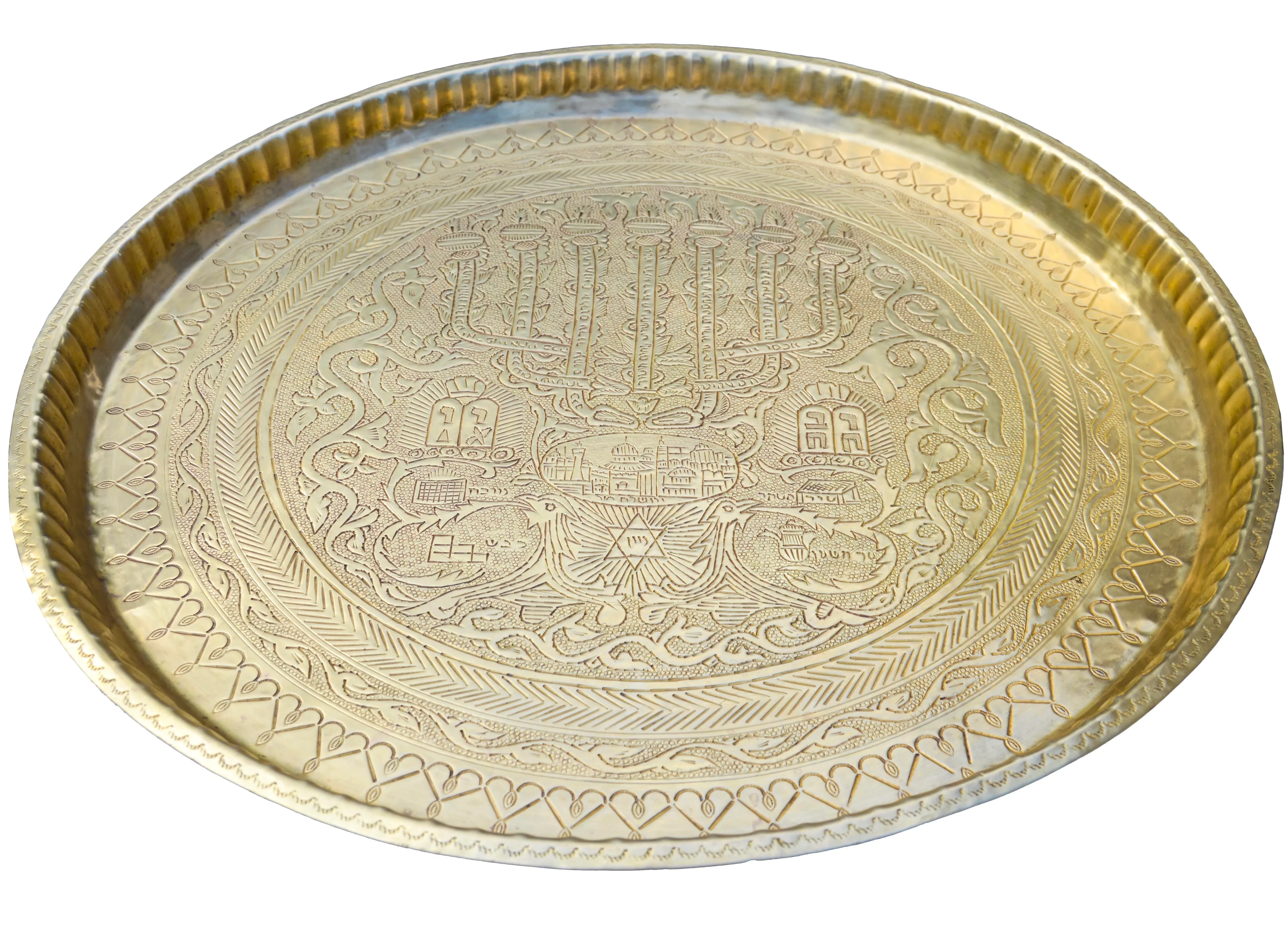 その他 Brass Round Tray with Engraved Pattern Antique Hand-Engraved Moorish Judaica Brass Tray | Chairish