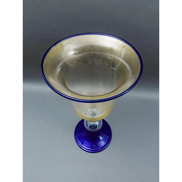 Mid 20th Century Murano Attributed Large Hand Blown Cobalt Blue Gold Fleck Art Glass Pedestal Vase For Sale - Image 4 of 5