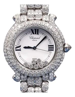 1990s Chopard 18k White Gold Happy Sport 26mm Ladies Diamond Quartz Bracelet Watch