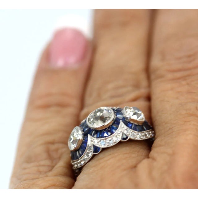 Blue Circa 1920s Deco Platinum Sapphire Diamond 3.28 Carats Ring Size 6.5 For Sale - Image 8 of 8