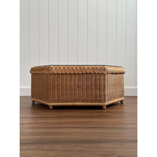 Mediterranean Vintage Coastal Brown Jordan Braided Rattan Hexagonal Coffee Table For Sale - Image 3 of 15