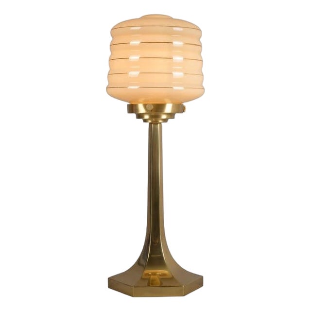 Josef Hoffmann Style Brass Table Lamp, Opaline Glass Shade, Wiener Werkstätte Inspired, Austria / Europe, 1990s For Sale