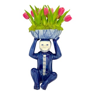 Monkey Sculpture Large Porcelain With Faux Tulips Vintage Chinoiserie Decor For Sale