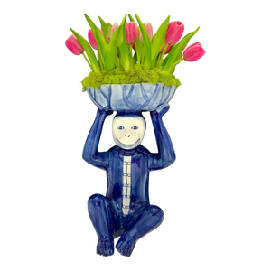 Monkey Sculpture Large Porcelain With Faux Tulips Vintage Chinoiserie Decor