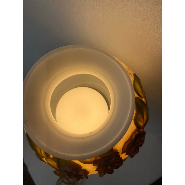 Transparent Vintage Victorian Hurricane Opaque 3d Table Lamp - "Gone With the Wind" Featuring Raised, Hand-Painted Floral Motifs on Milk Glass a Marble Base For Sale - Image 8 of 10