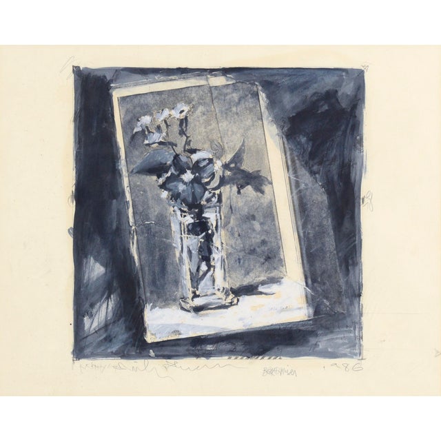 Bold still life painting with collage by unknown artist Marvin Martin (American, 20th Century). A black and white floral...