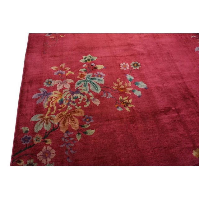 1920s Lovely Floral and Inspires Joy With Ruby Red Color Chinese - Art Deco Rug For Sale - Image 5 of 9