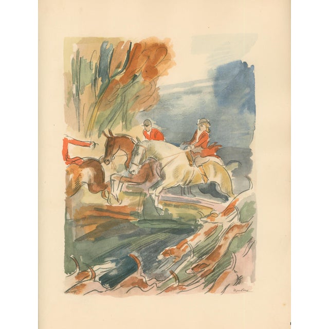 Original 1932 Art Deco sporting print by Milivoj Uzelac depicting riders and horses clearing a jump during an equestrian...