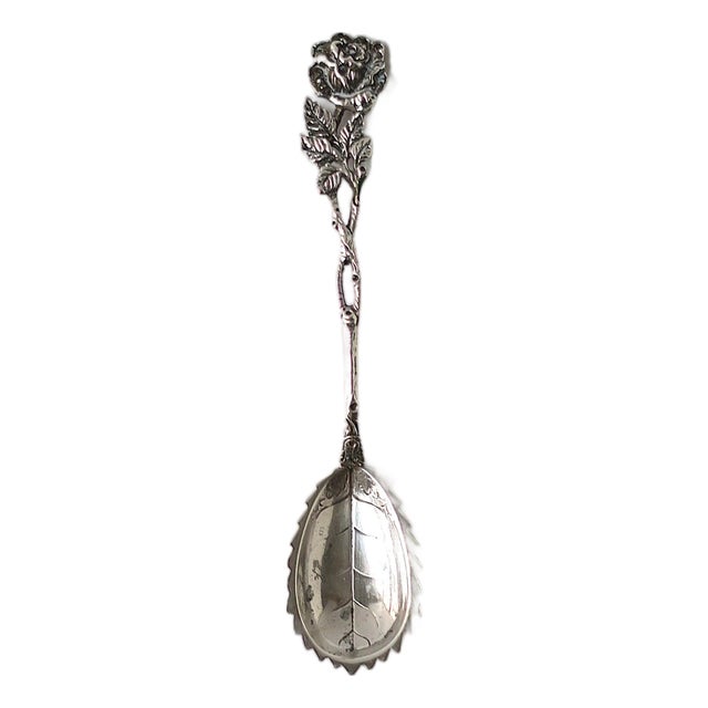 Late 19th Century Sterling Silver Spoon, Rose Flower Botanical Design, Victorian For Sale