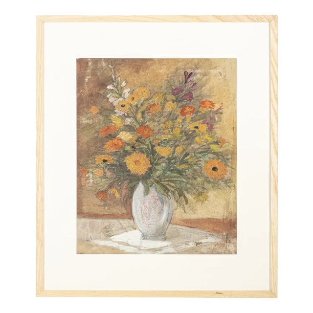 Art Deco Flowers, Watercolor on Thick Paper, Framed For Sale