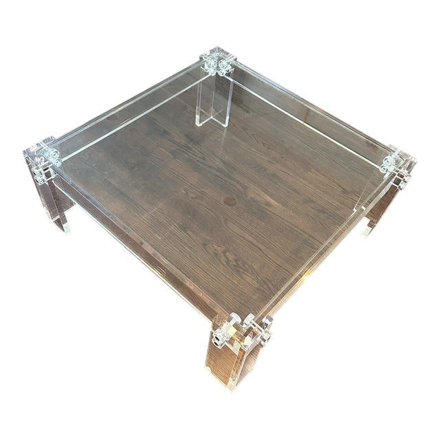 Transitional Thick Polished Lucite Base Glass Top Square Coffee Table For Sale