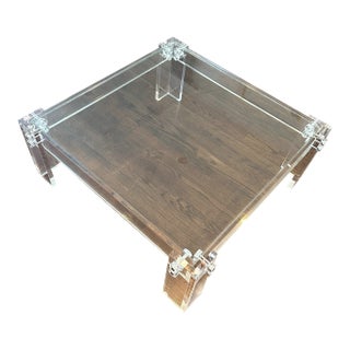 Transitional Thick Polished Lucite Base Glass Top Square Coffee Table Merchandise Mart For Sale
