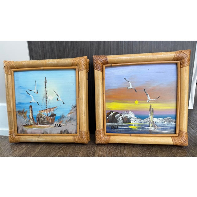Coastal Oil Coastal Paintings in Thick Bamboo Frames. Pair For Sale - Image 3 of 12