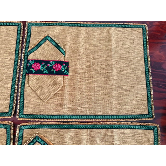 Mid-Century Modern Vintage Gold Woven Placemats and Napkins With Embroidered Rose Bands, 4 Sets For Sale - Image 3 of 6