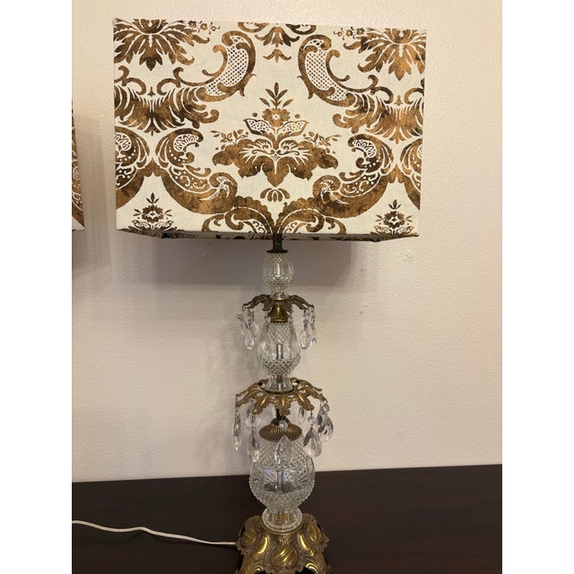 1950s 1950s Hollywood Regency Hand Stamped Austrian Lamps Wifh Fortuny Fabric Lamp Shades, a Pair For Sale - Image 5 of 9