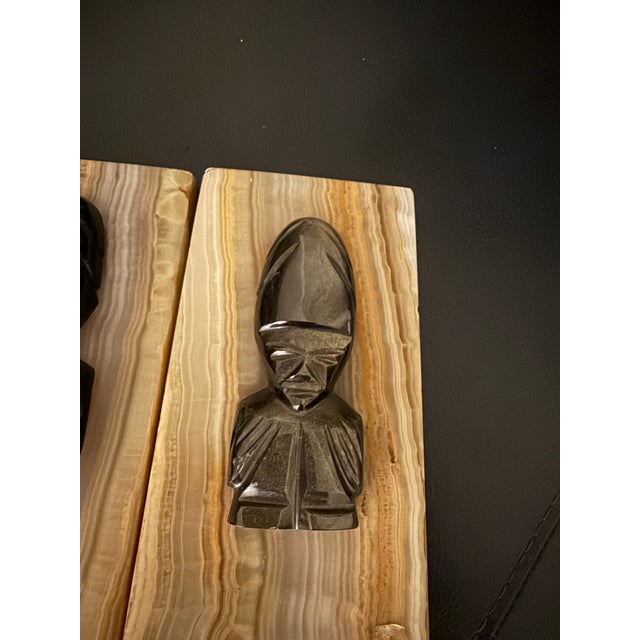 Vintage Heavy Onyx Bookends 7” Aztec Mayan Style Figural Busts Carved Stone Art Deco For Sale - Image 10 of 11