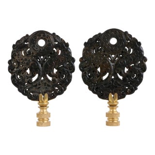 Guardian Dragon Carved Stone Lamp Finials on Brass Hardware For Sale