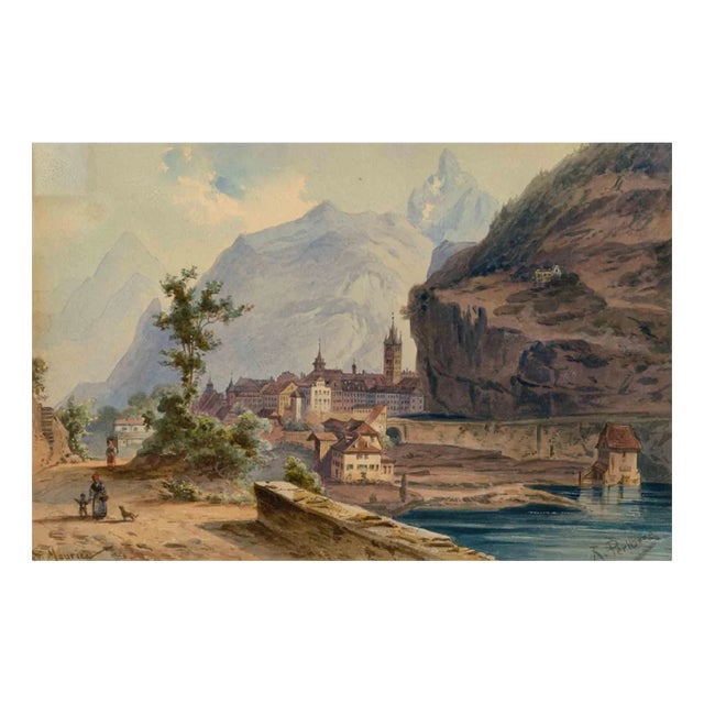 Friedrich Perlberg, View Over the Rhône to St. Maurice, Watercolor, Mid-19th Century For Sale