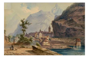 Friedrich Perlberg, View Over the Rhône to St. Maurice, Watercolor, Mid-19th Century